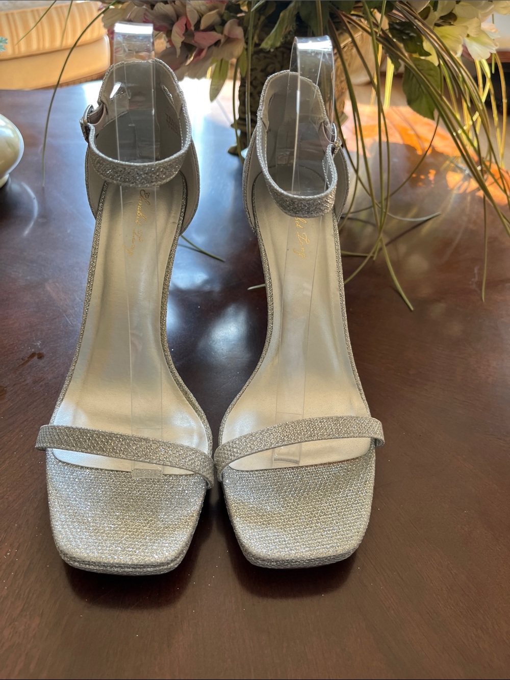 Glitter Ankle-Strap Silver Heeled Sandals, Elizabet Lang